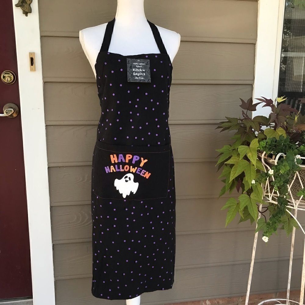 Happy Halloween Holiday Black Cotton Bib Apron NWT